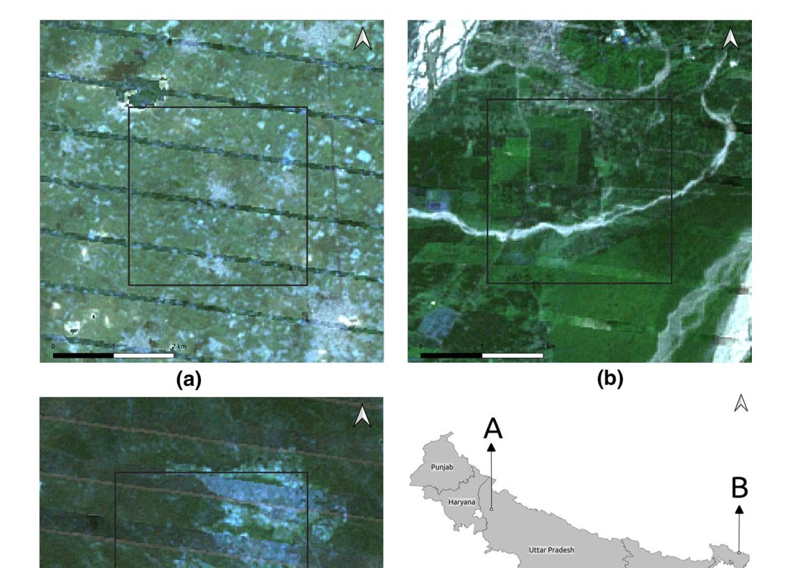 Satellite composite imagery of study regions in India, with a small locator map
