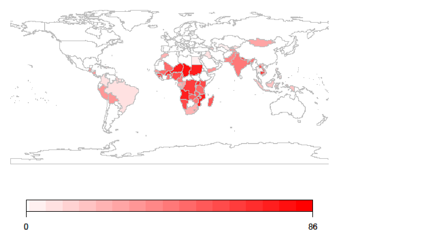 World map shading the low- and middle-income countries by level of child poverty